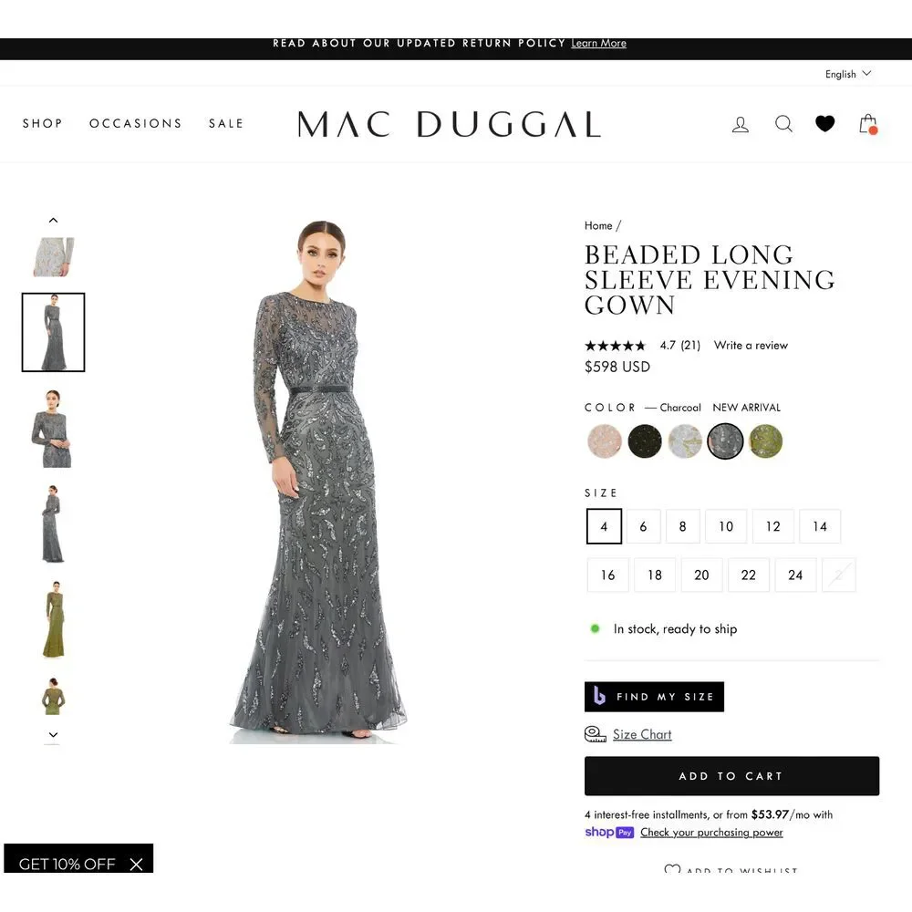 NWT $598 Mac Duggal [ 14 ] Beaded Long Sleeve‎ Evening Gown in Charcoal #S1107 - Picture 3 of 13